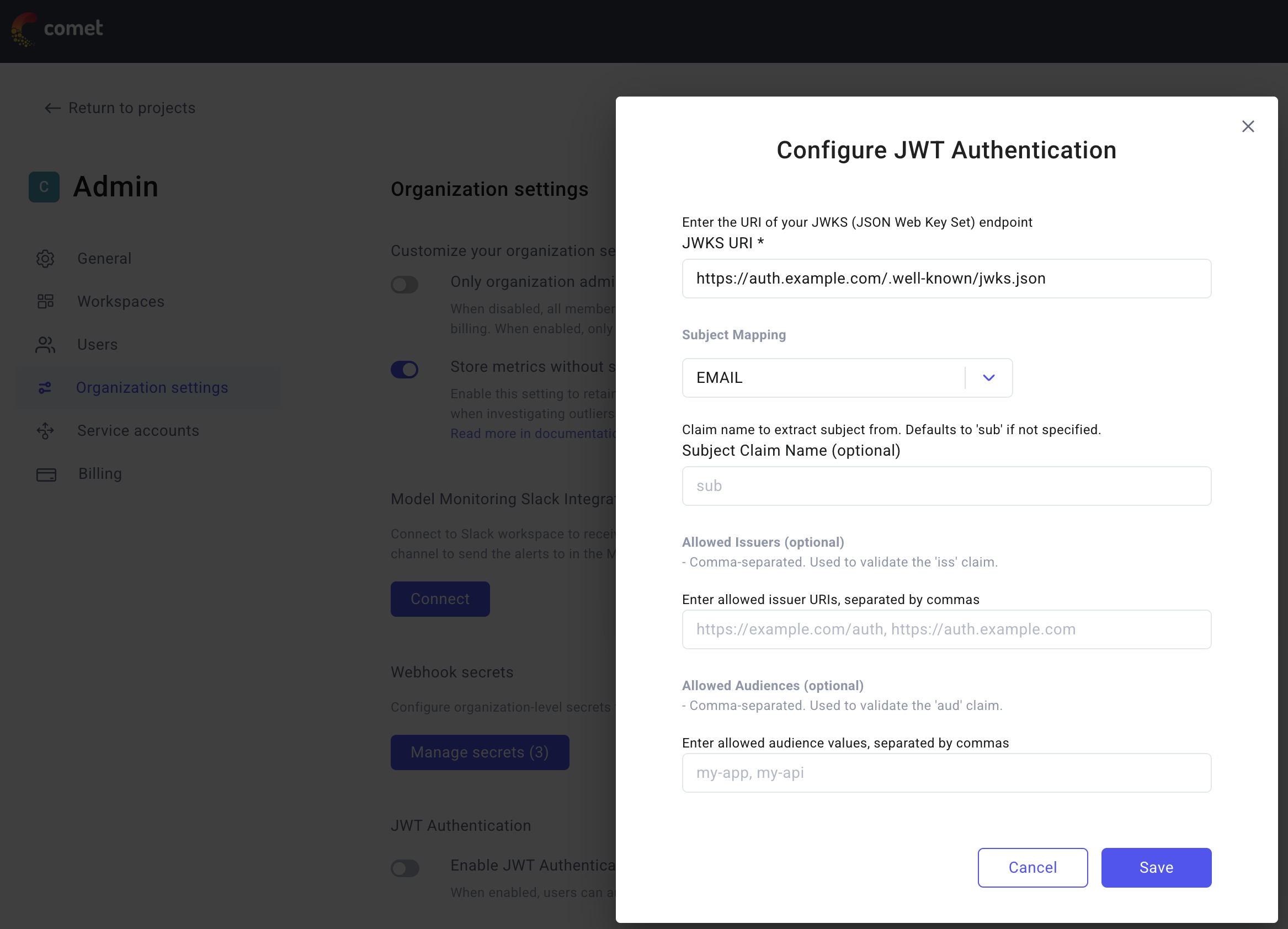 JWT Authentication configuration fields