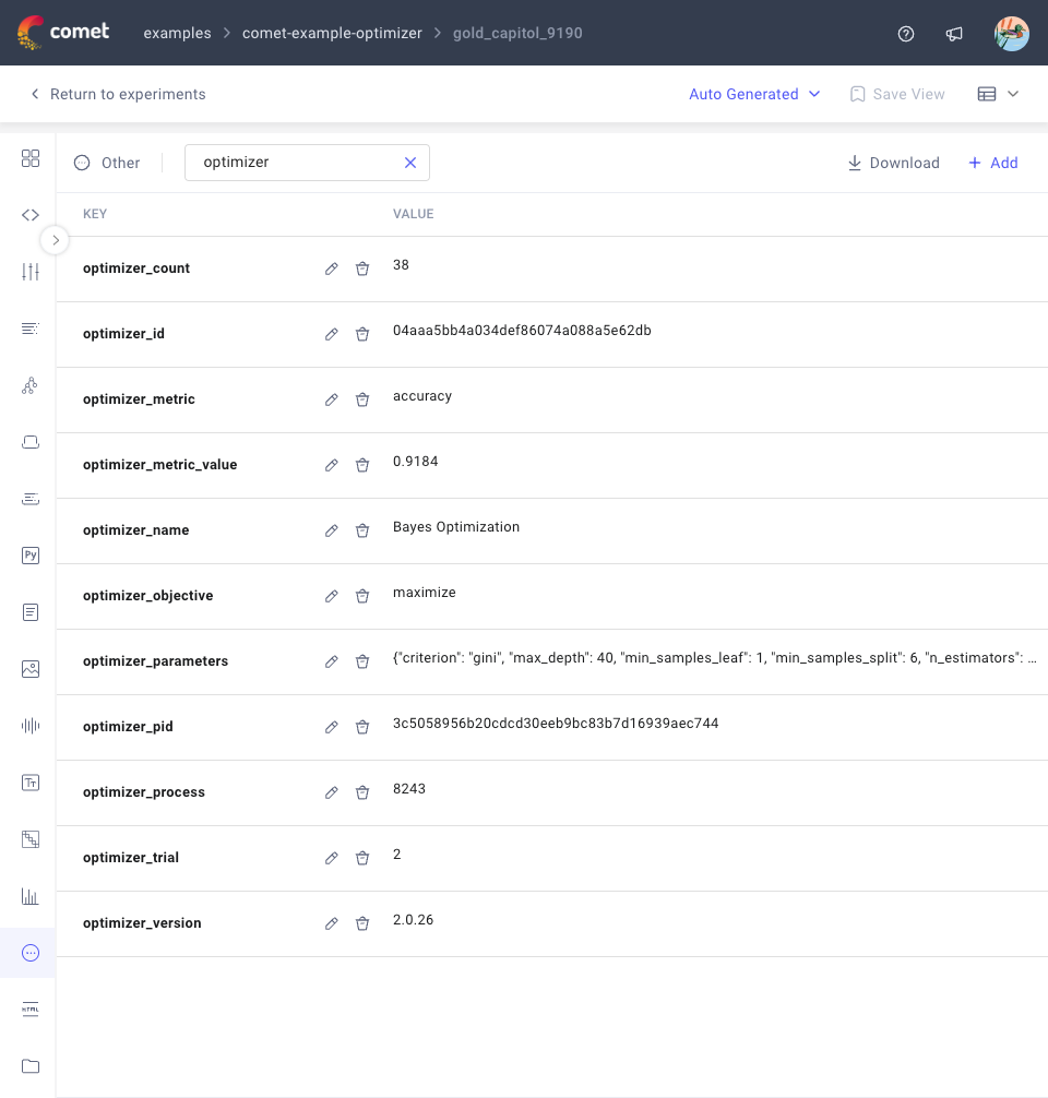 Example Comet Optimizer specs in the Comet UI