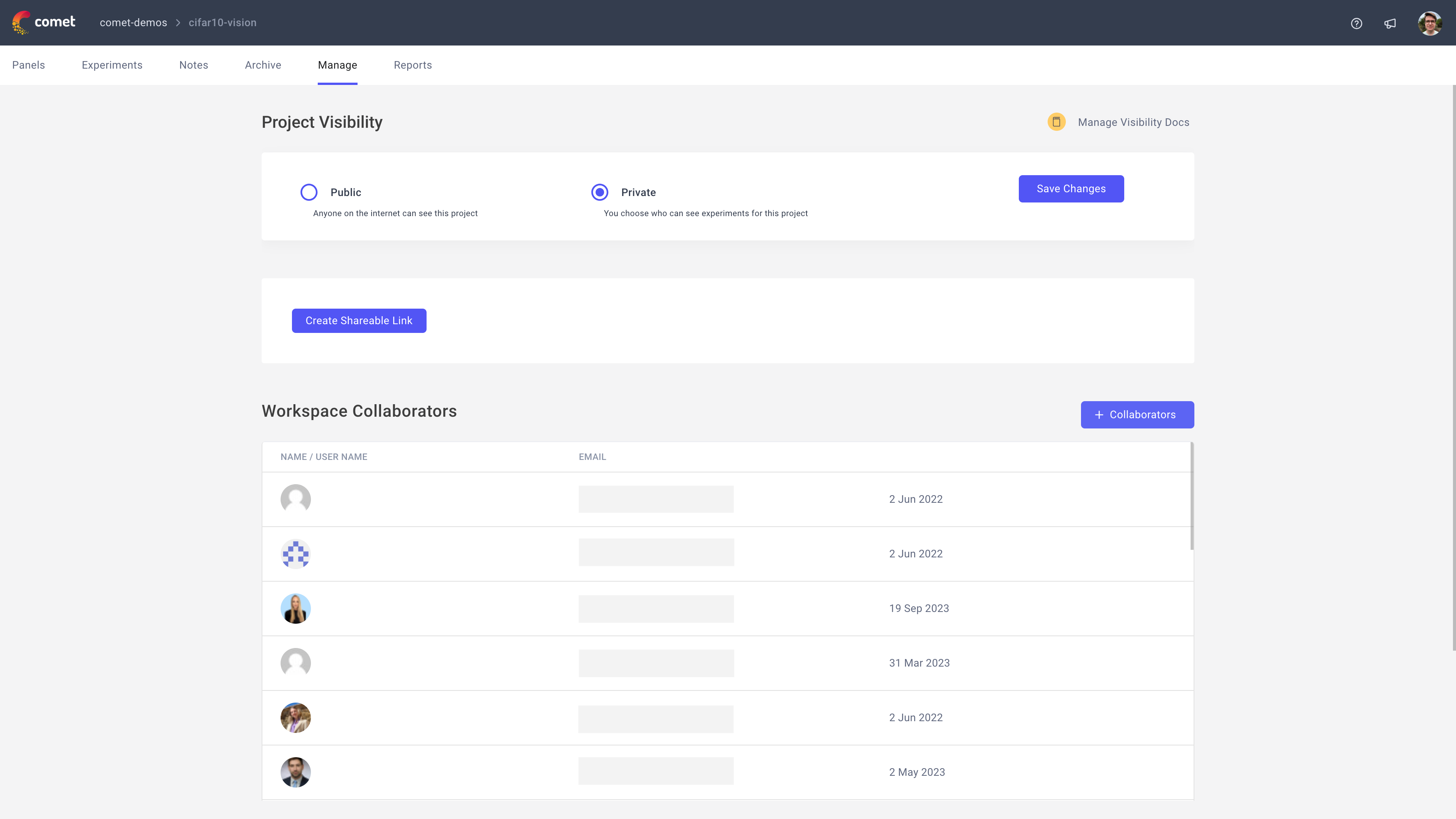 Comet Experiment Management - Manage page