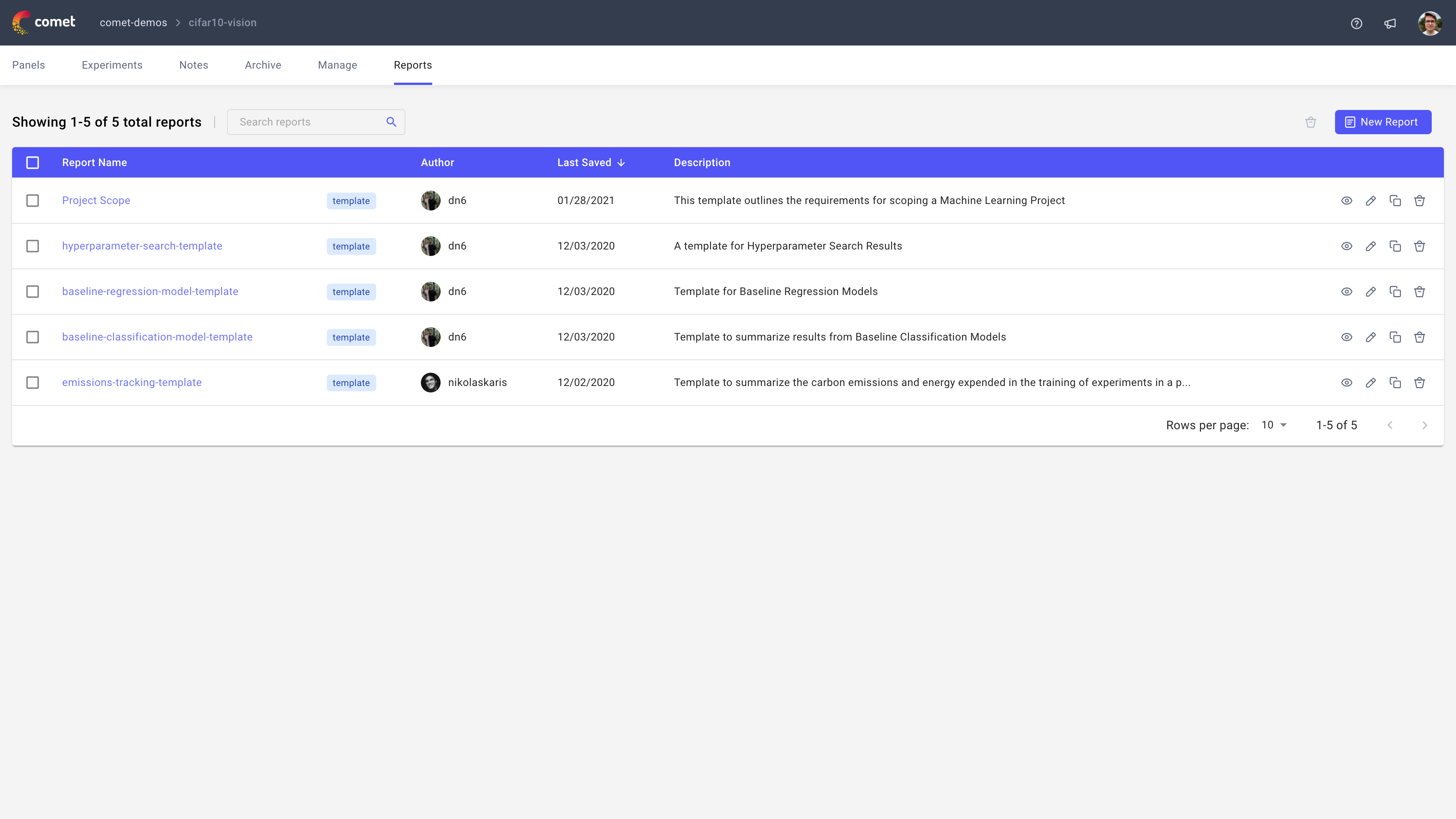 Comet Experiment Management - Reports page