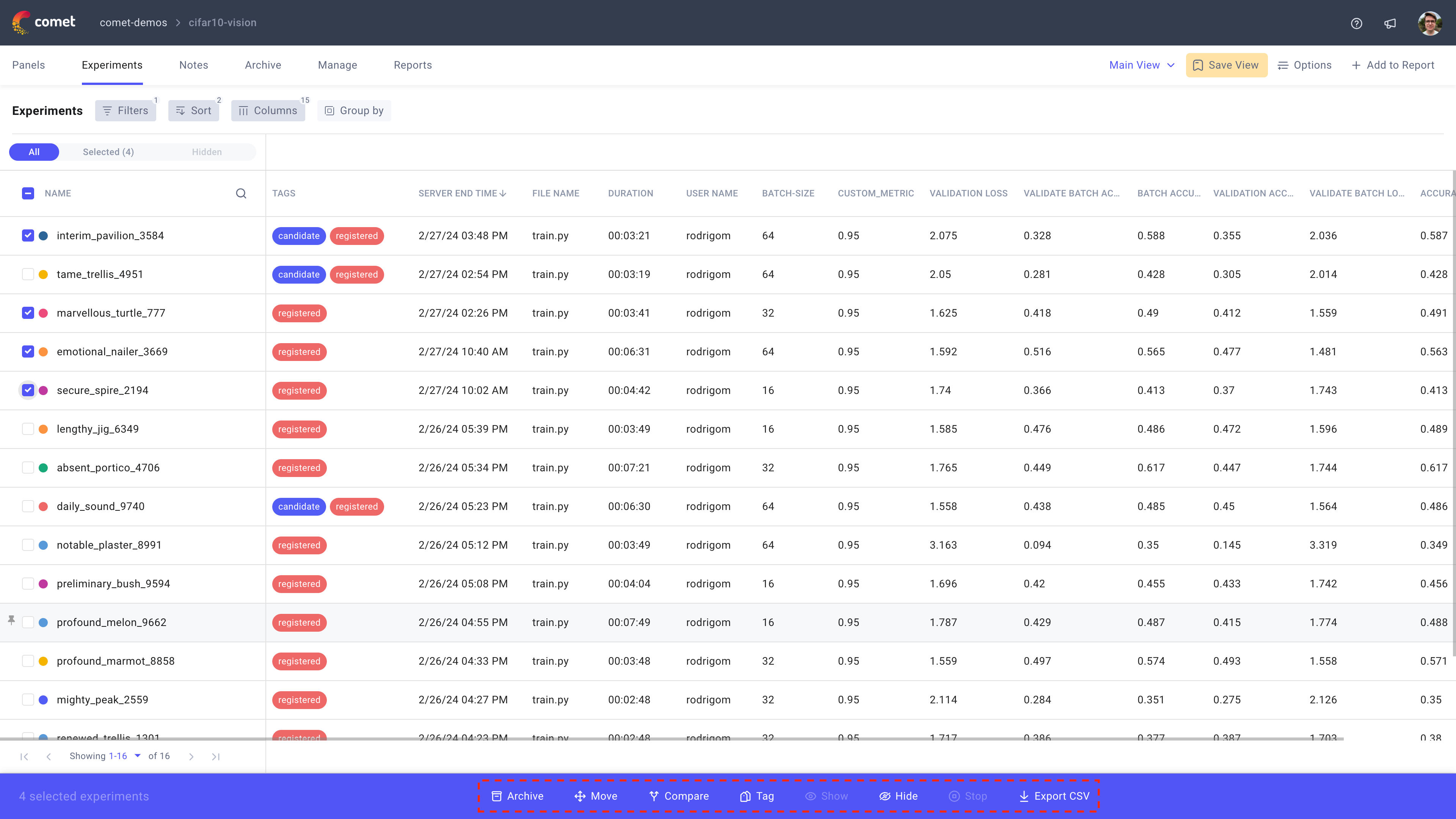 Comet Experiment Management - Bulk Actions