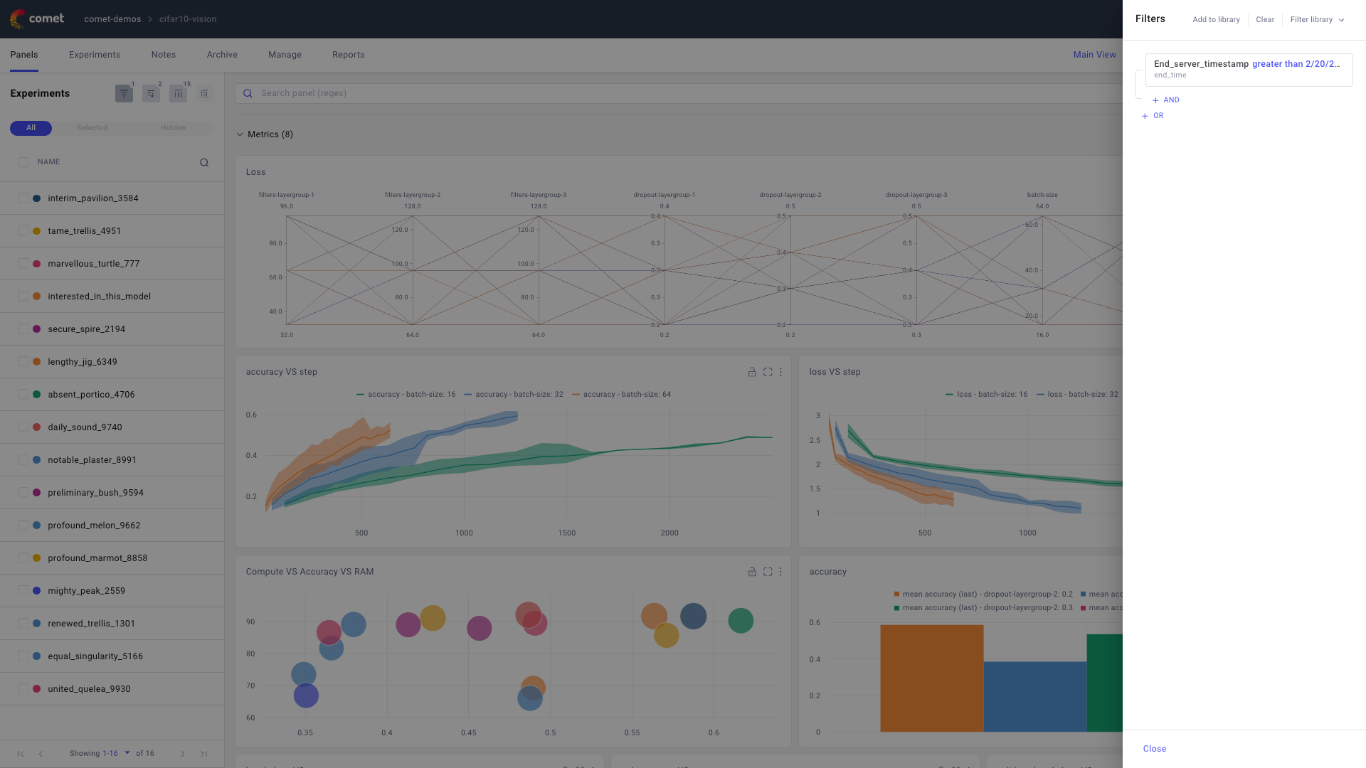 Comet Experiment Management - Filter